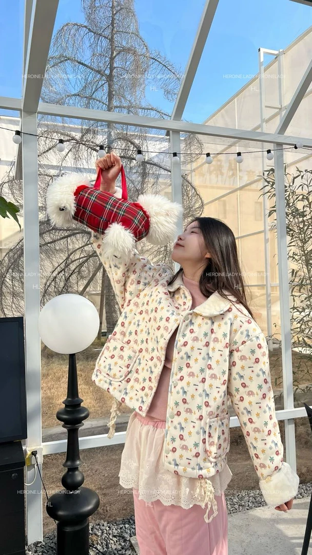 【舒芙蕾】HL冬翻领可爱韩系印花宽松百搭休闲加绒保暖短棉服外套