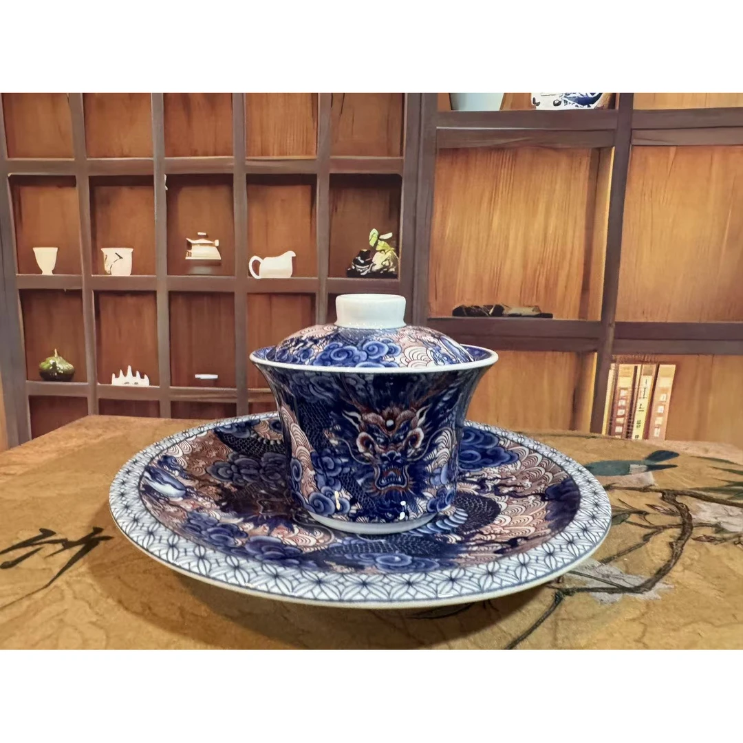 龙腾盛世可悬停青花釉三才盖碗3226陶瓷家用釉里红