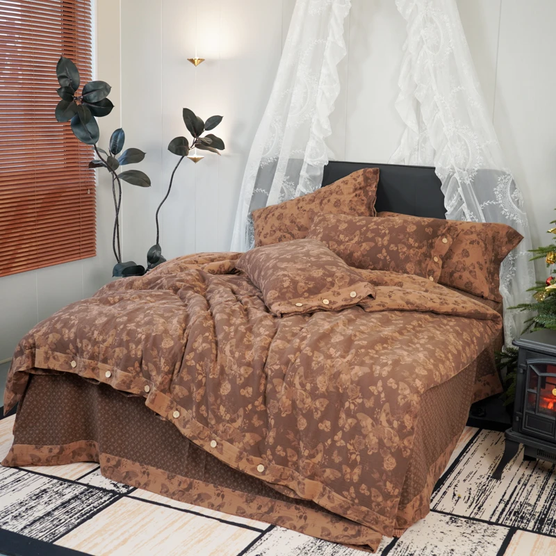 科莫湖畔的花与蝶 古法色织复古美拉德色系双层纱全棉纯棉四件套