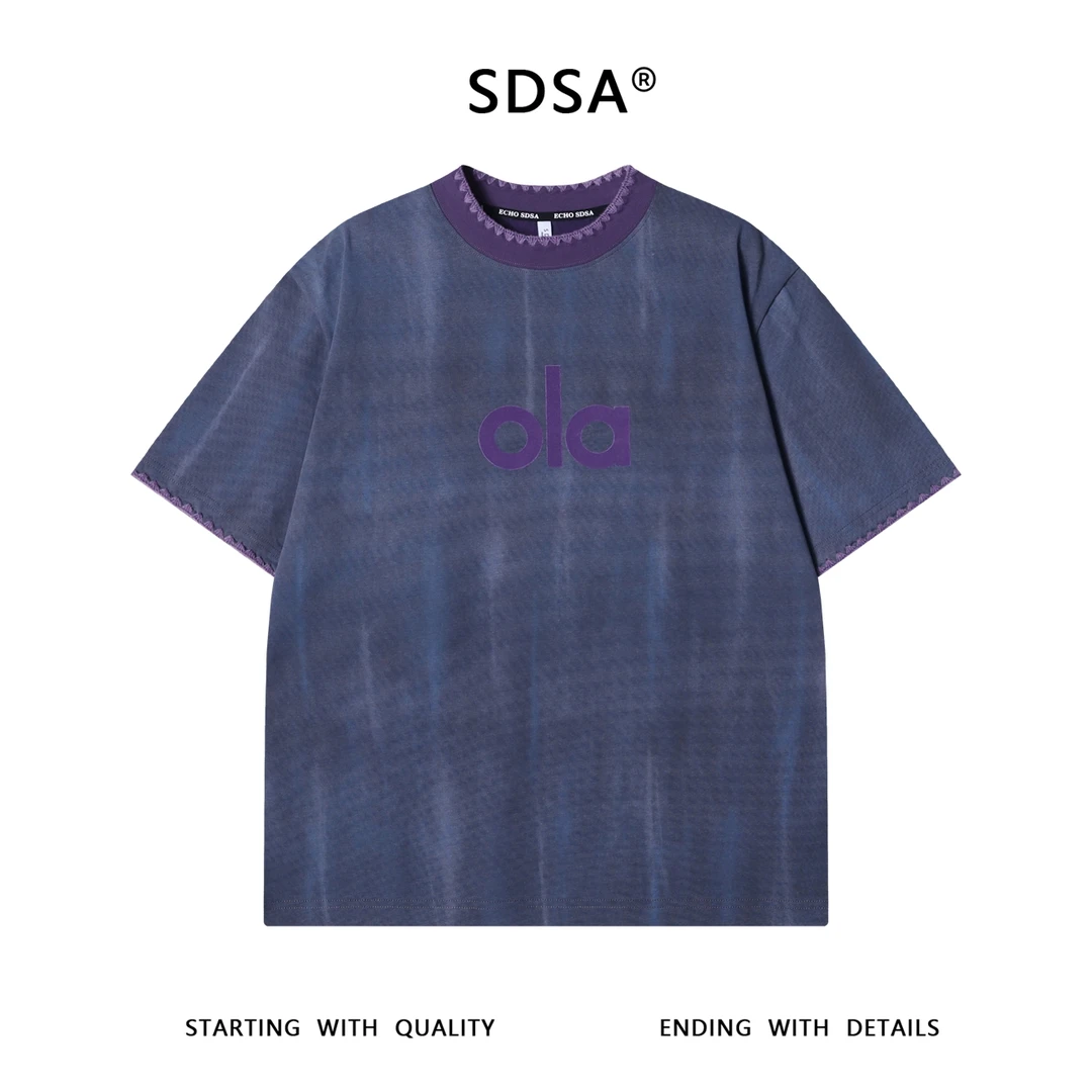 夏季高级感新款韩系扎染撞色缝线印花字母圆领短袖T恤百搭上衣