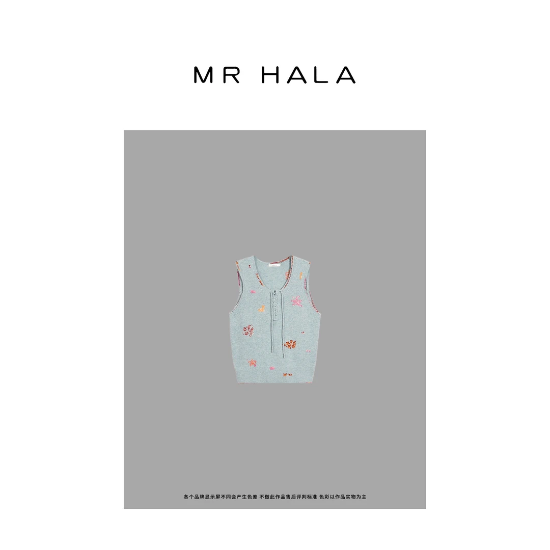 MRHALA 奥斯曼蓝羊绒手钩花卉系带毛衣上衣女 LM51308