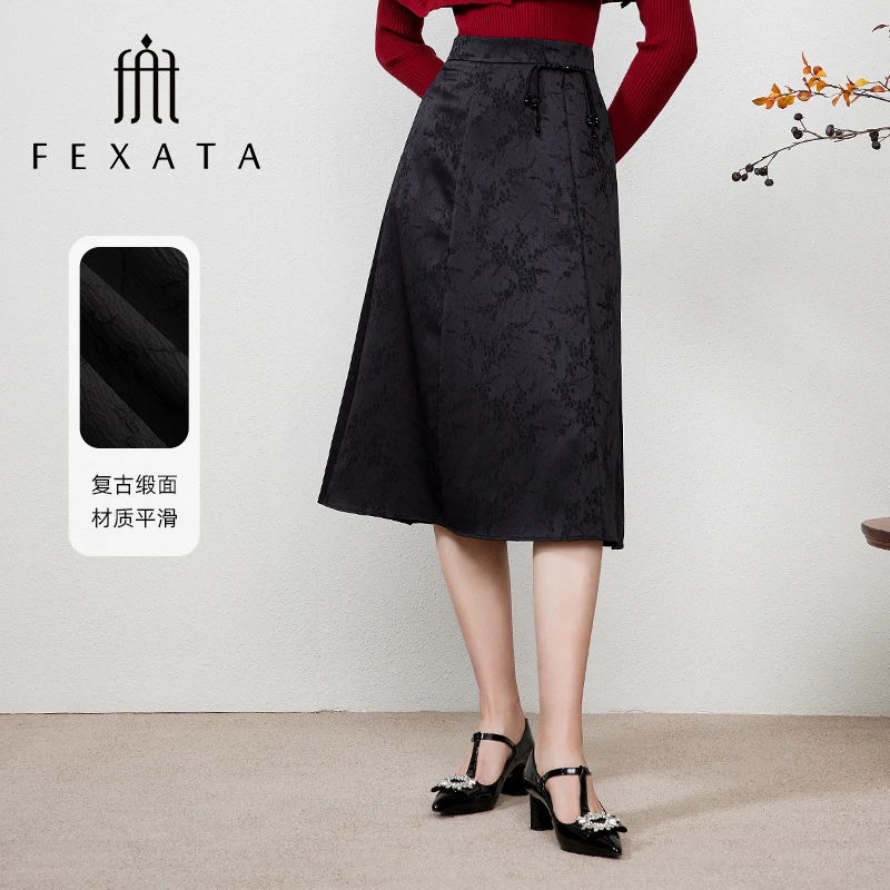 【诗语专属】FEXATA斐格思国风系盘扣缎面提花黑色半身裙