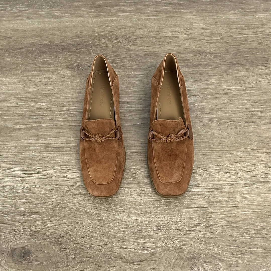 Dannyfrey英伦风复古编织休闲乐福鞋黑色反绒皮软底女通勤单鞋