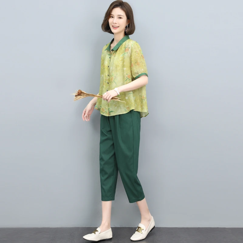 高端碎花套装纯上衣女装新款夏季妈妈装两件套