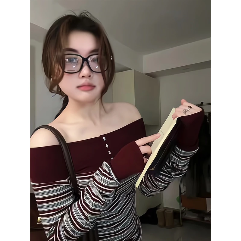 秋冬美式辣妹撞色条纹一字领长袖T恤女款露肩上衣宽松休闲阔腿裤