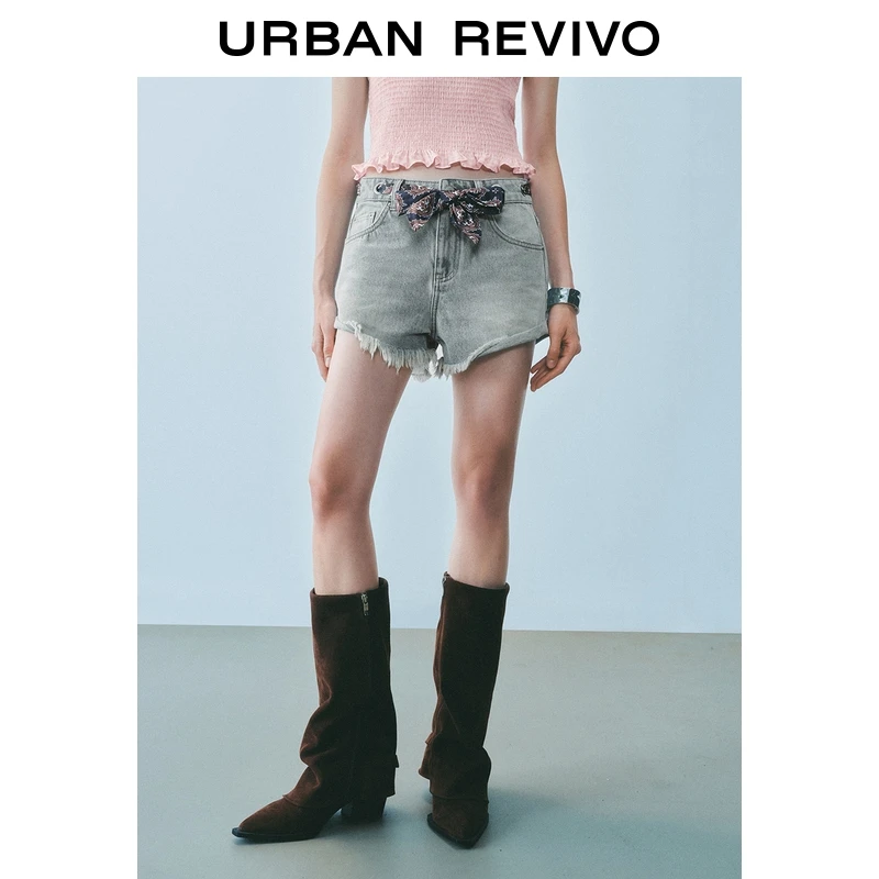 UR2025夏季新款女休闲腰果花丝巾腰带毛须牛仔短裤UYL850109