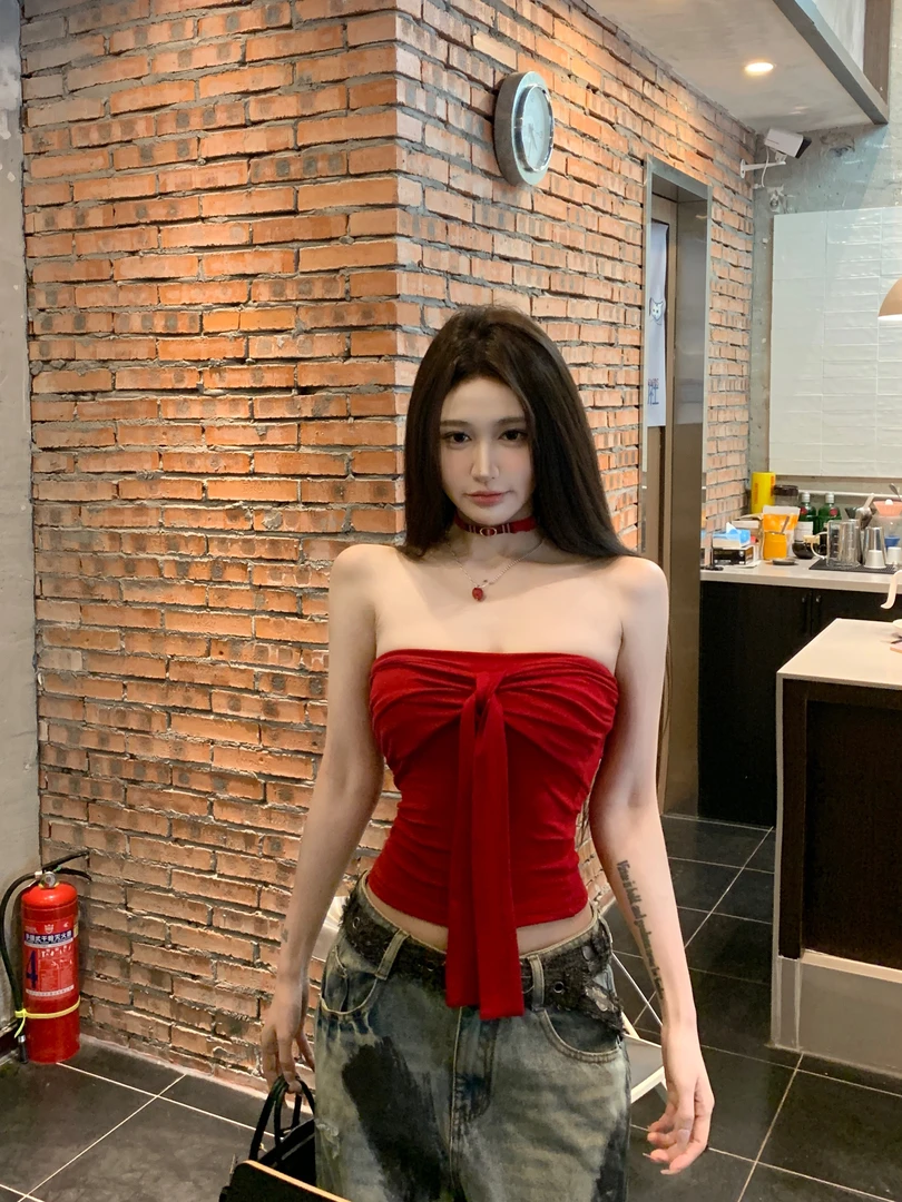 蝴蝶结系带抹胸背心女夏季纯欲风性感裹胸内搭红色甜辣妹上衣外穿