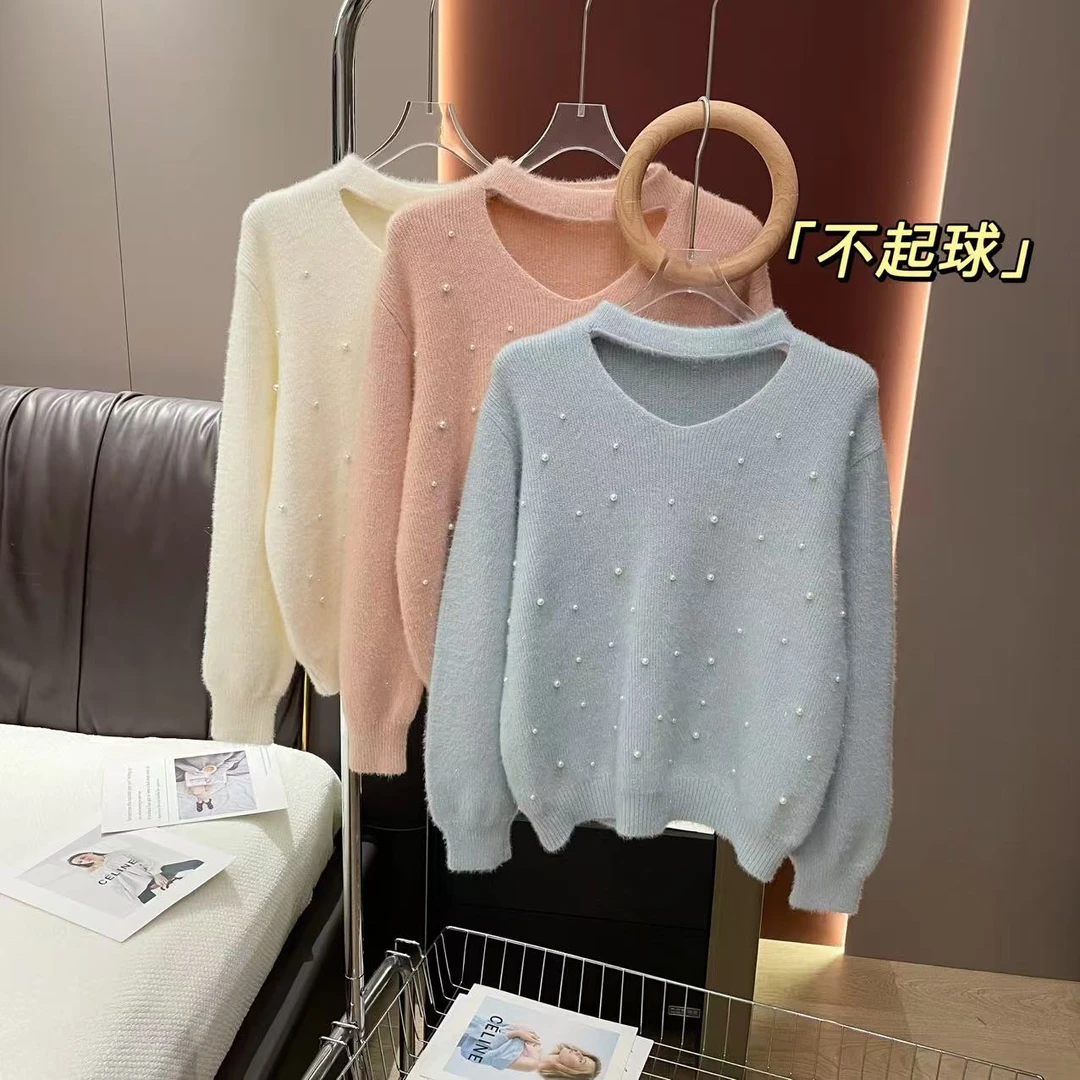 不起球 超美的气质镂空挂脖钉珠毛衣打底衫女高级感针织衫