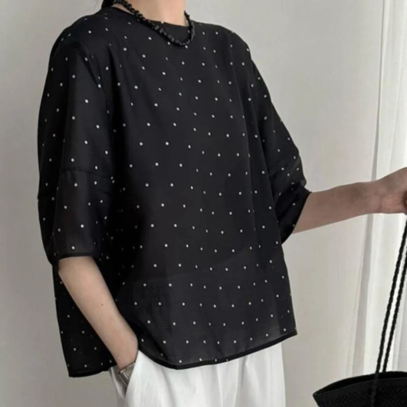 杜拉妮黑色波点小衫2025年新款韩版圆领短袖衬衫女宽松甜美减龄上