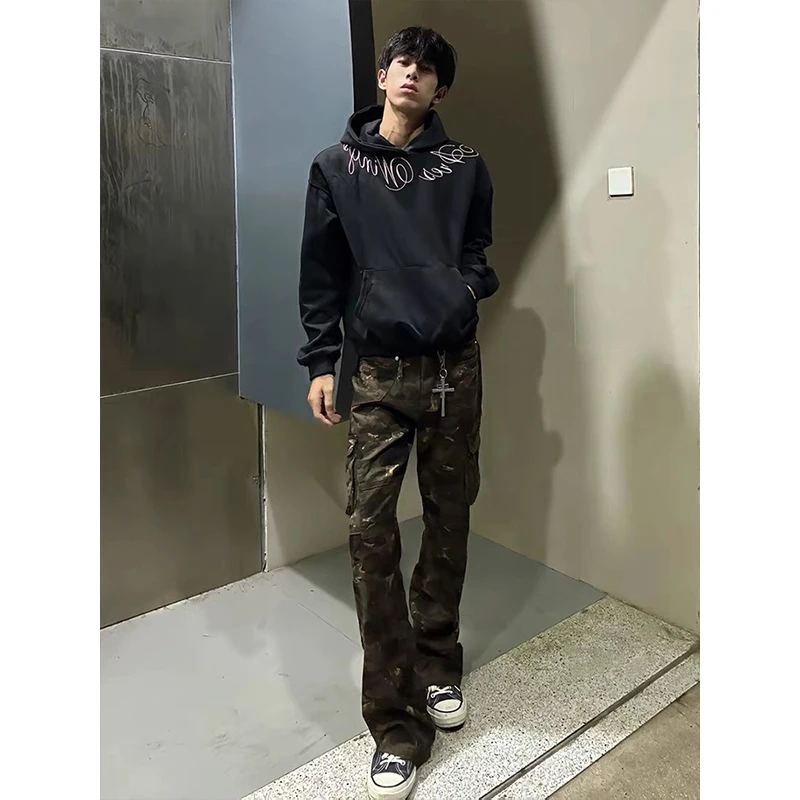 美式迷彩牛仔裤男春秋潮牌cleanfit痞帅工装裤子直筒微喇宽松长裤