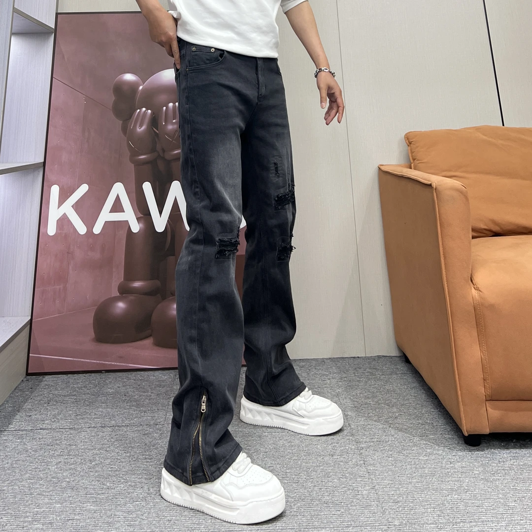 秋冬新款复古潮牌侧拉链设计款假破洞男士韩版加厚窄版直筒牛仔裤