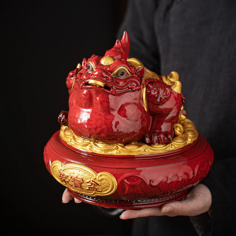 招财陶瓷三足金蟾聚宝盆摆件家居办公室装饰蟾蜍开业礼品摆设物件