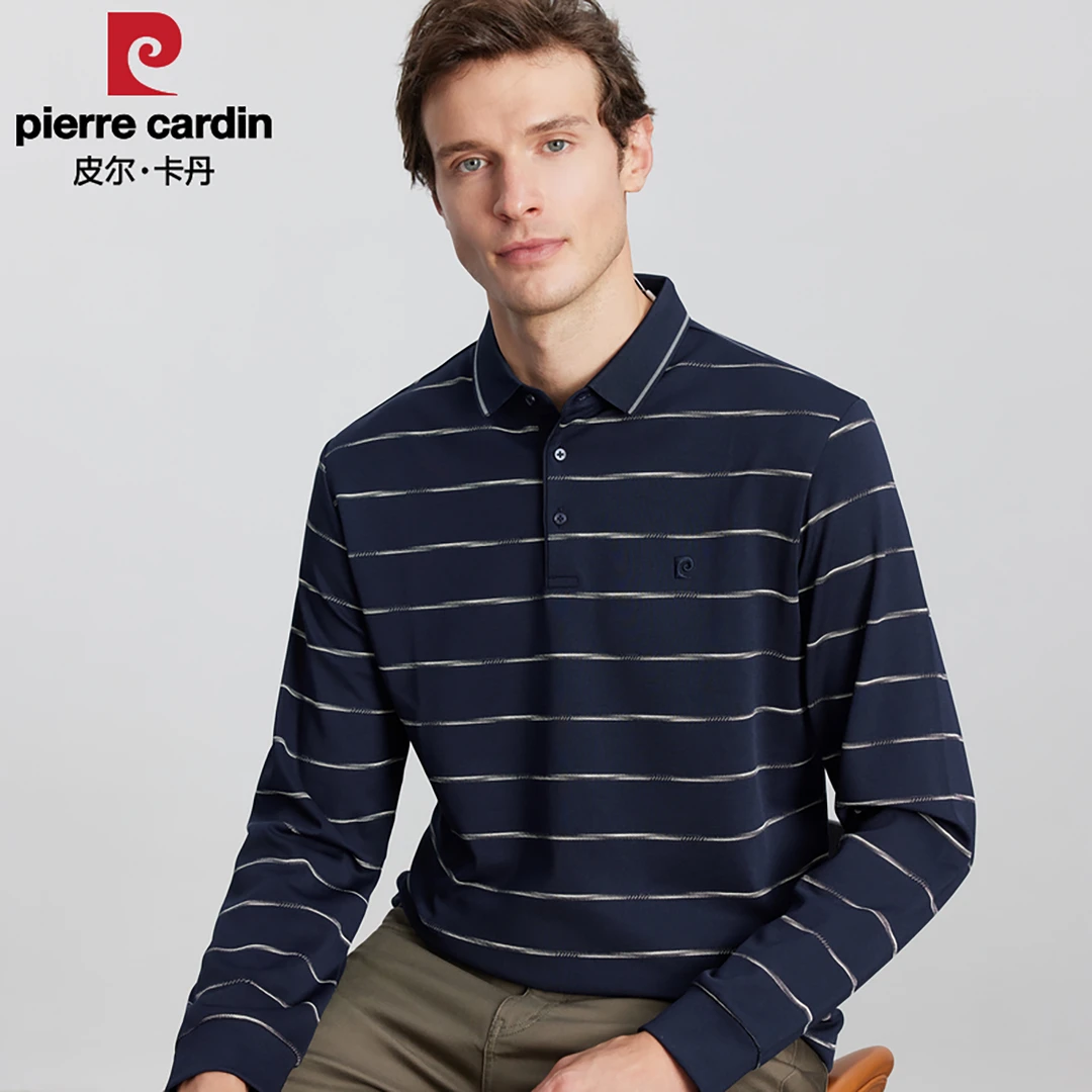 皮尔卡丹高档男士长袖POLO衫男时尚休闲条纹商务翻领百搭纯色上衣
