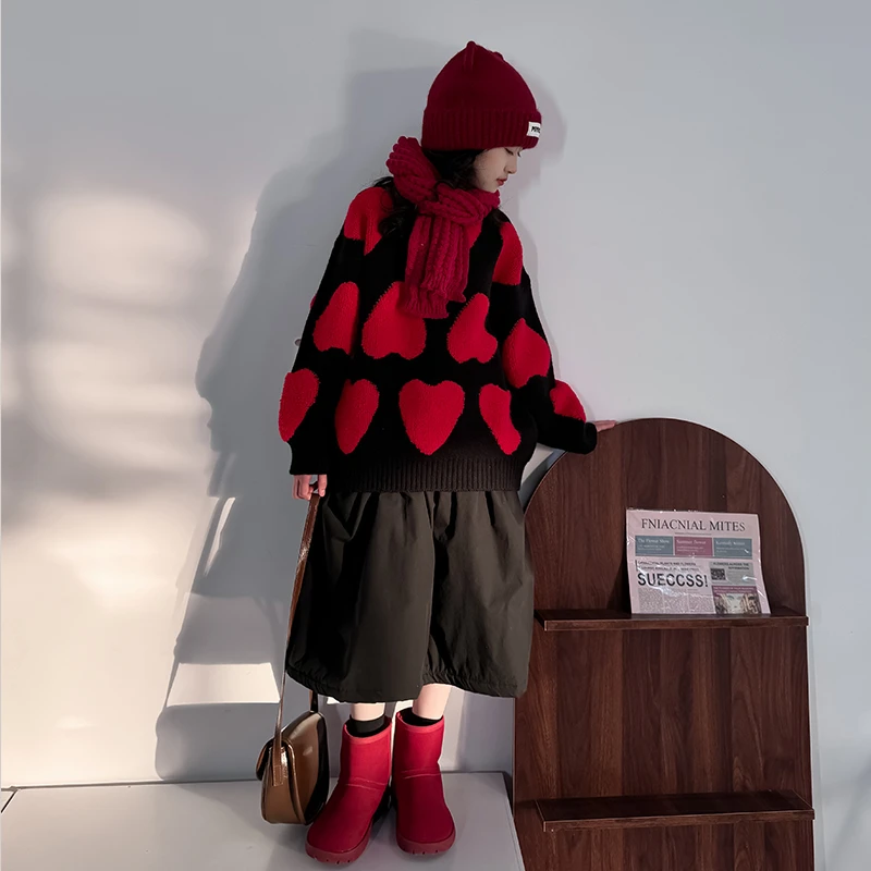 儿童针织衫女秋冬季洋气女童爱心线衣中大童撞色休闲套头冬装毛衣