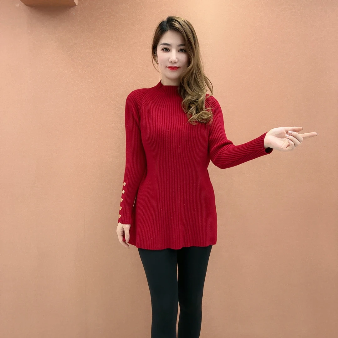 时尚洋气显瘦半高领加厚毛衣女秋冬百搭中长款打底针织衫