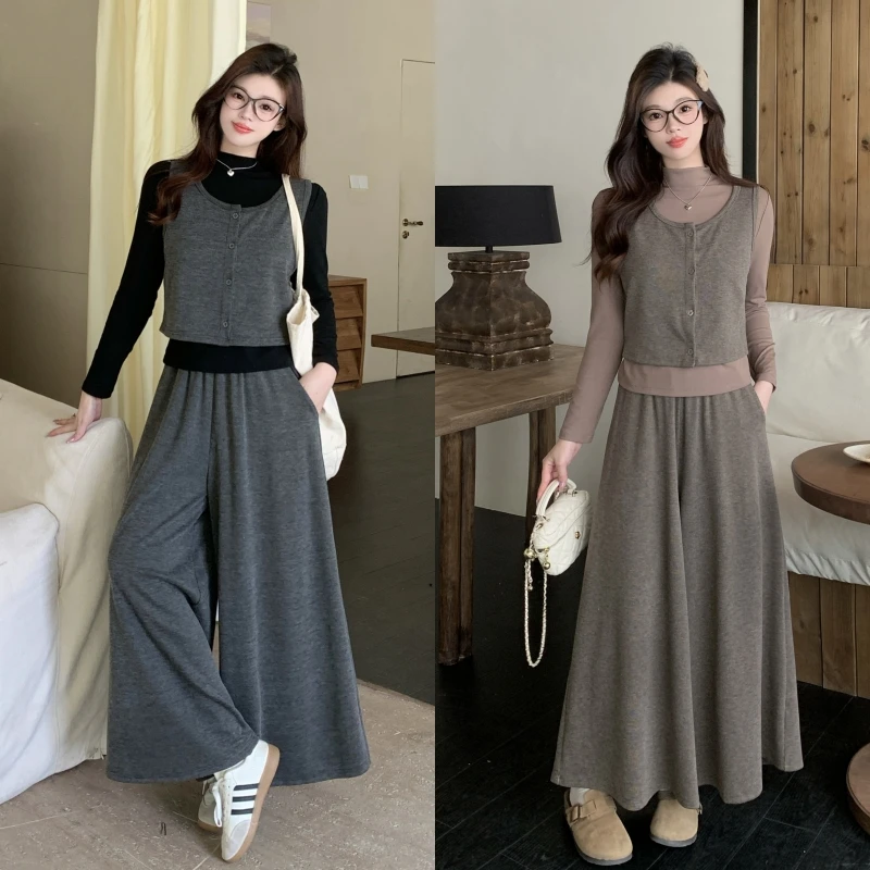 大码女装胖MM春款打底衫+马甲+阔腿裤套装6716+6731