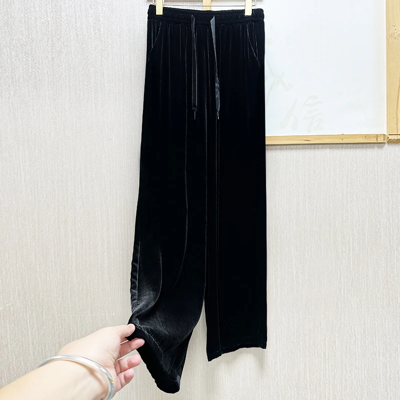 宽腰~100桑蚕丝丝绒阔腿裤女垂感显瘦真丝绒直筒长裤