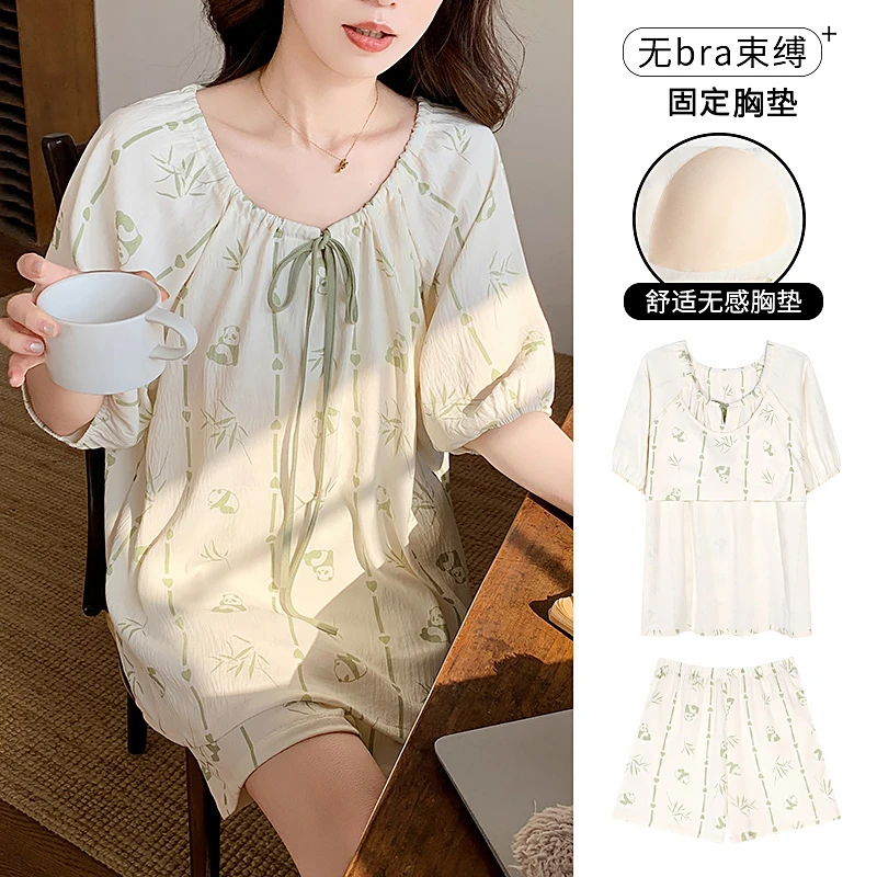 夏季睡衣女爆款带胸垫短袖短裤云朵棉夏天薄款甜美可爱宽松家居服