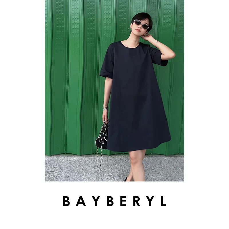 BAYBERYL老贝娃娃裙*廓形A字简约秋圆领短袖连衣裙 DR5E0612