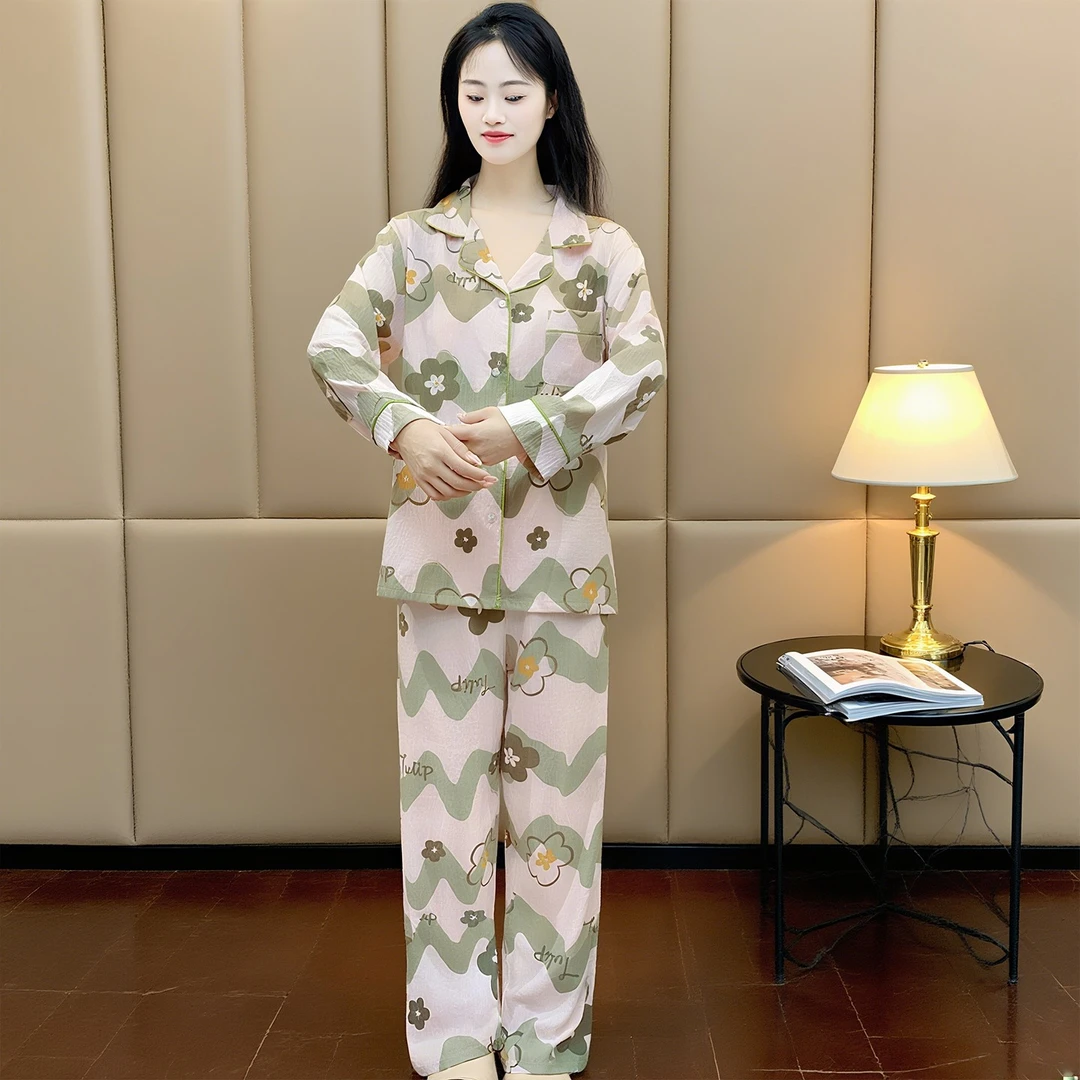 V领长袖睡衣女春秋夏季云朵棉宽松不带胸垫可外穿家居服套装Y170
