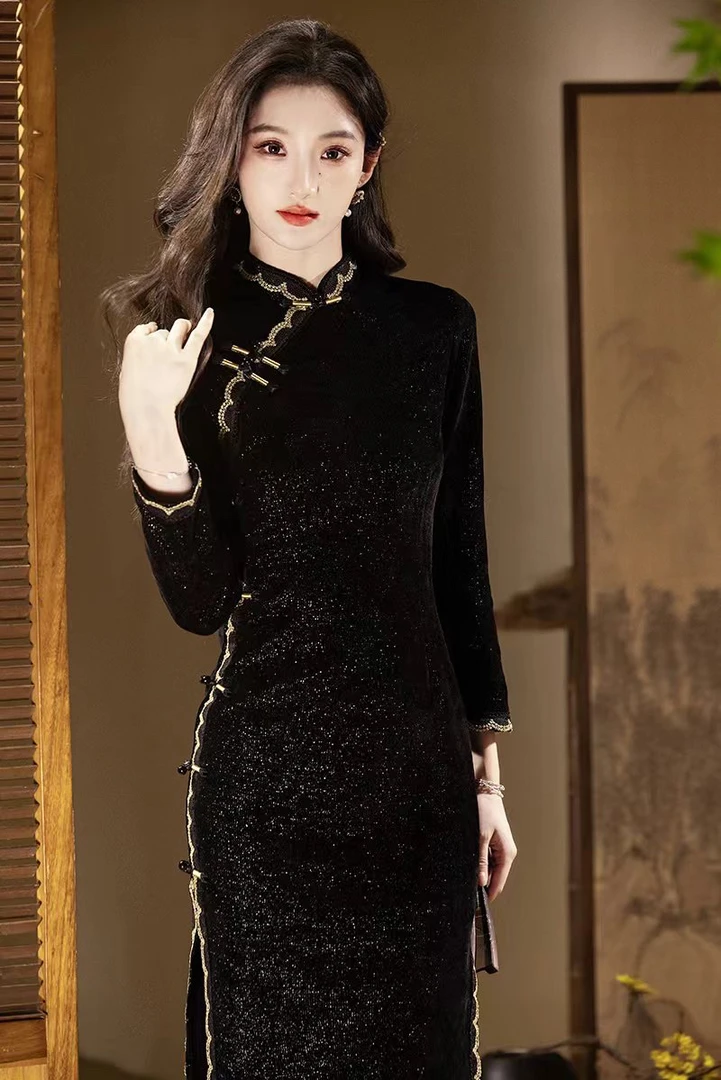 银丝雪尼尔秋冬款七分袖旗袍女改良连衣裙2024新款年轻中式旗袍