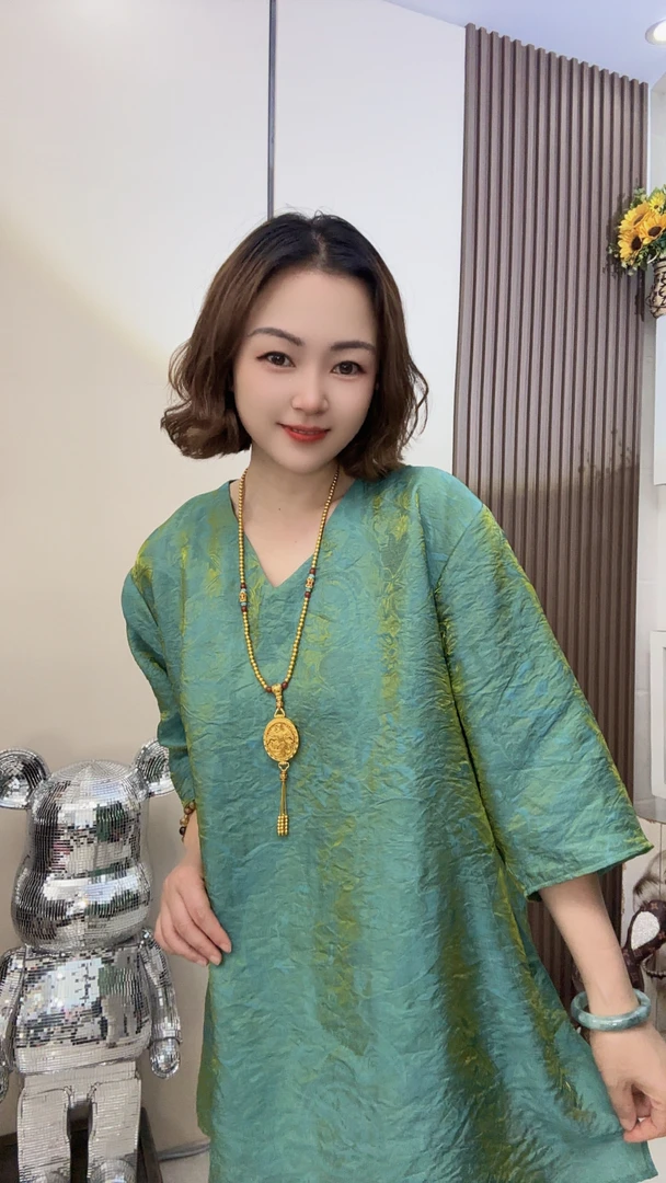 【3838 浮光】夏季复古宽松重磅丝提花新中式国风V领洋气短袖上衣