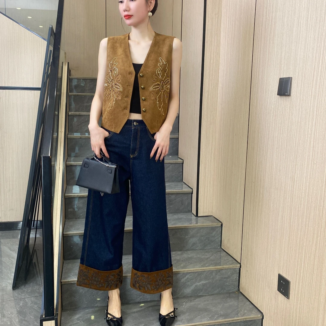 【JY】法式气质设计款秋季刺绣背心马夹一粒扣裤脚提花阔腿裤