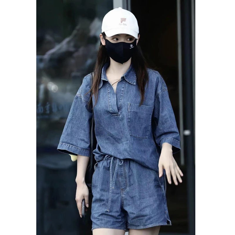 港风复古牛仔套装夏季新款小个子V字翻领衬衫松紧腰短裤两件套女