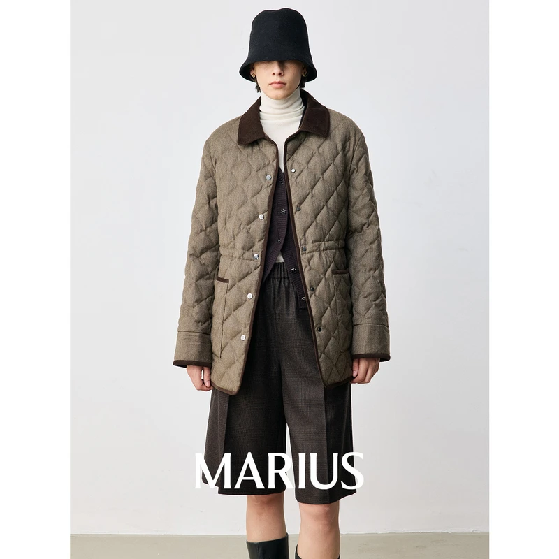 MARIUS"松间"绒感白复古灯芯绒拼接菱形格羽绒服