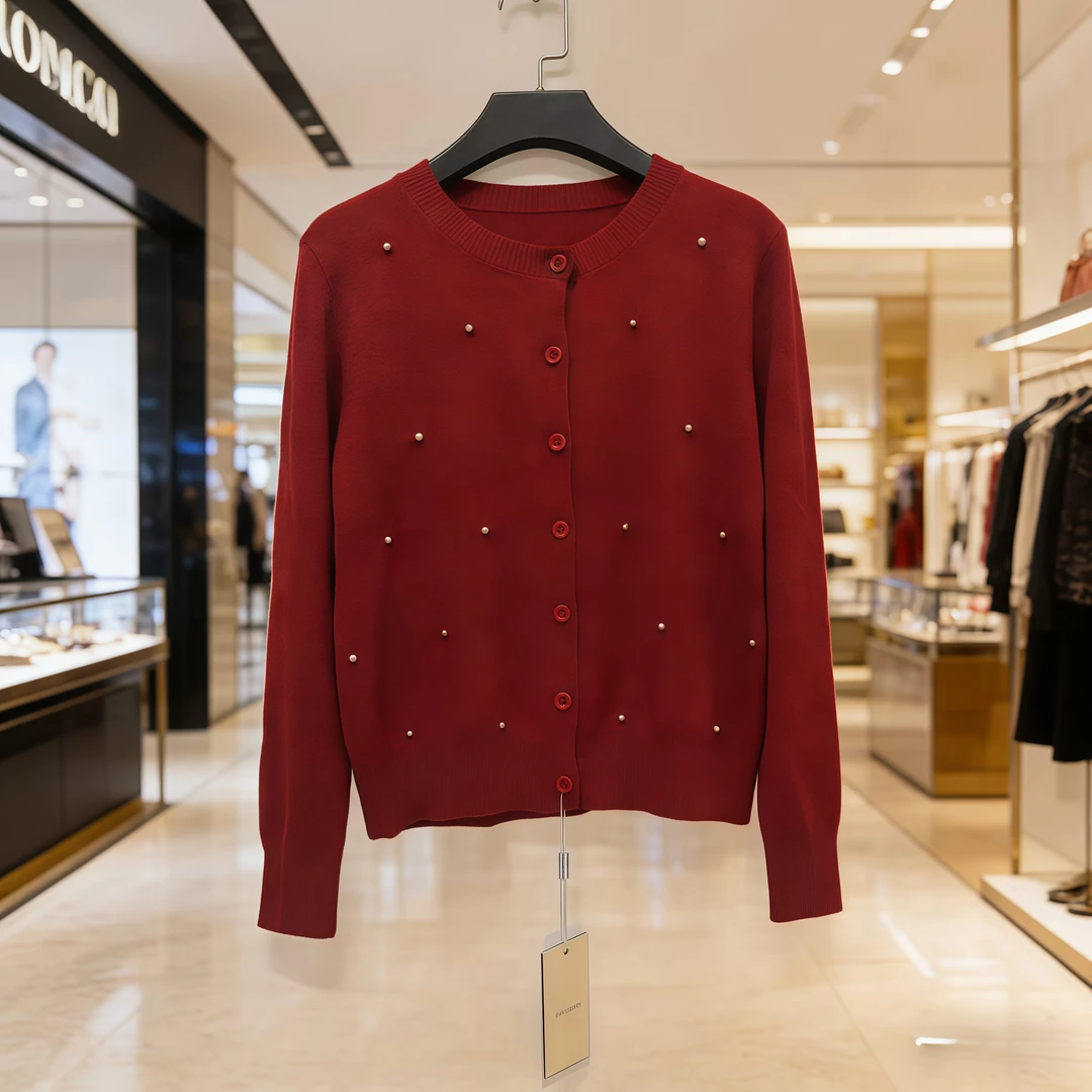 K20酒红短款针织珍珠针织衫