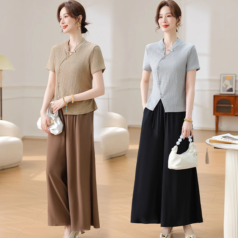 新中式妈妈夏季套装短袖t恤裙裤两件套中老年女夏装小衫上衣气质