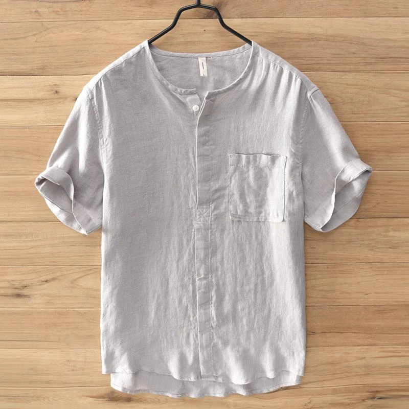 男装 男装无领套头纯亚麻衬衫男短袖夏季宽松棉麻上衣日系复古男