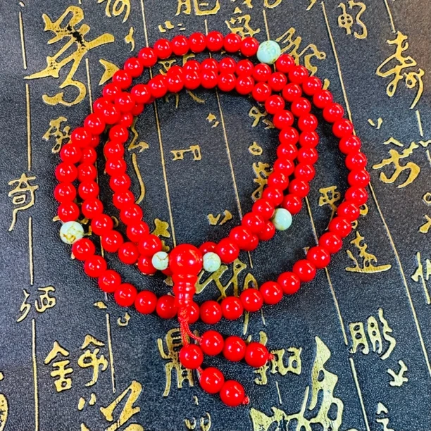 非金属玻璃项链 正红色西藏怀业念珠108颗正红配饰款饰品两圈串珠