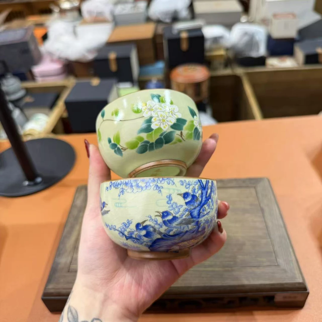 汝窑喜鹊登枝主人杯加山茶花主人杯 LL048