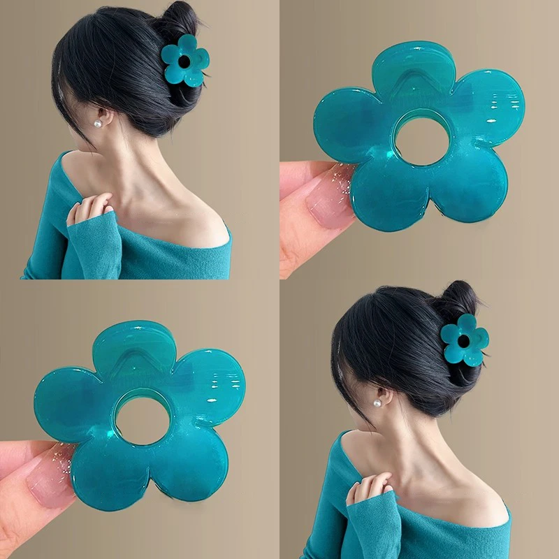 蓝色的花~百搭花朵发夹抓夹女高级感鲨鱼夹半扎发后脑勺盘发器女