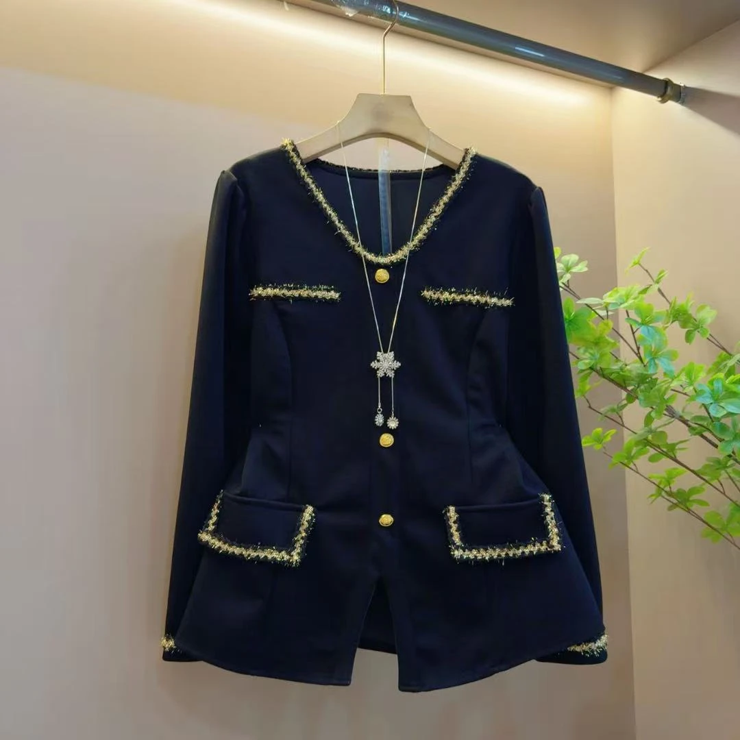 气质新款时尚小香V领显瘦拼接开叉百搭上衣（长63左右）