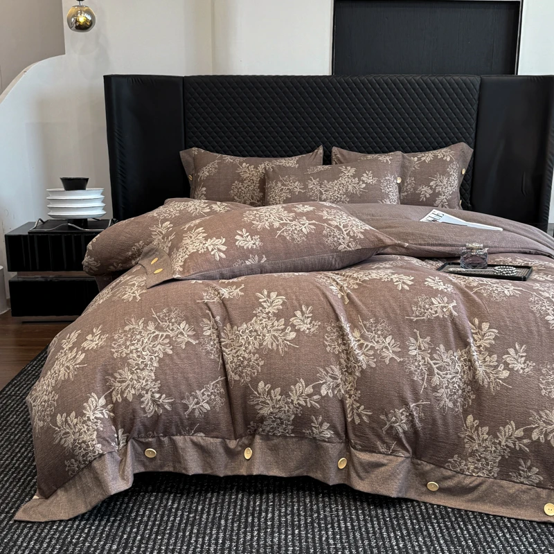 复古纽扣款轻奢原麻四件套床上用品被套床单枕套三件套透气可机洗