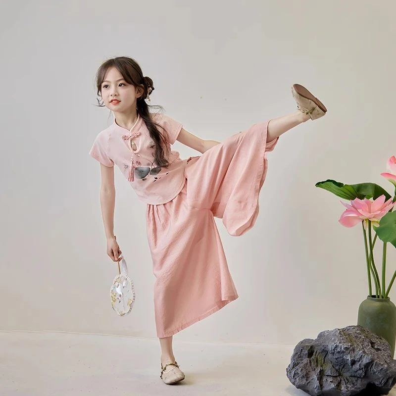 女童国风套装夏季2025新款粉色新中式阔腿裤短袖两件套汉服儿童女