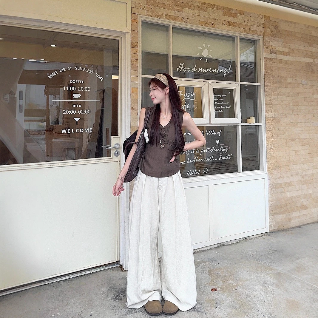 实拍~ 天丝亚麻花朵背心夏日女上衣+慵懒感弯刀阔腿裤两件套女装