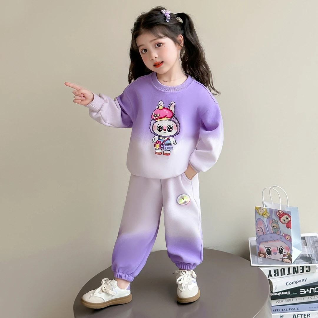 流风光渐变卡通套装春秋款2025新款女宝宝卫衣秋装小宝宝套装春秋