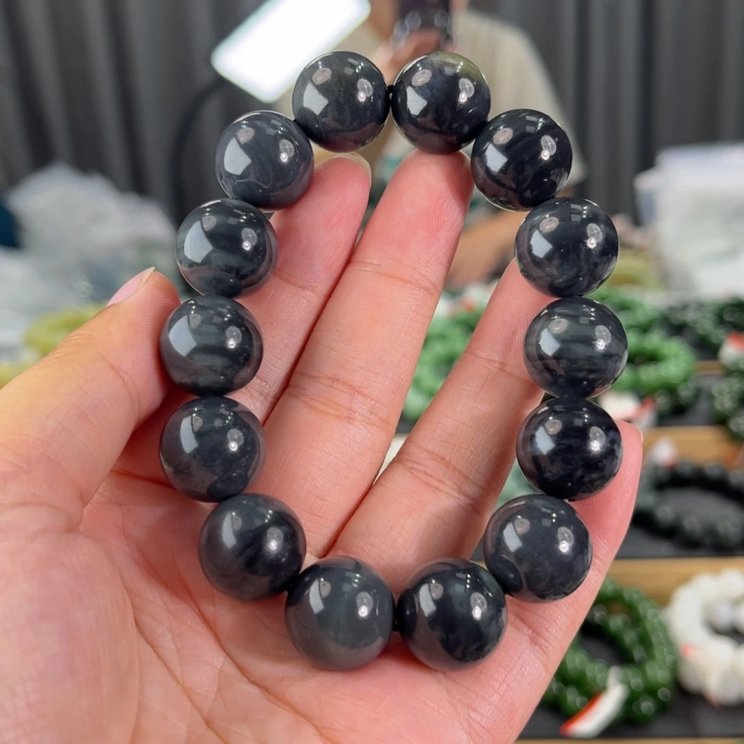 手链未镶嵌和田玉新疆和田玉聚墨青花卡16圆珠