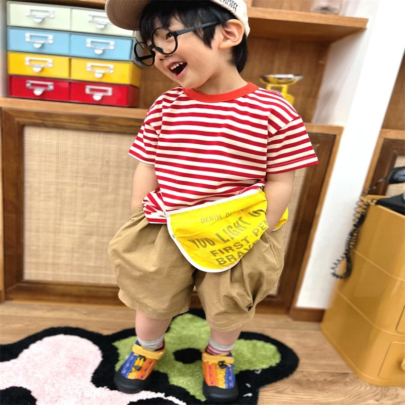 【一彩定制】25DD 新款 儿童红色条纹大口袋短袖 日系潮牌洋气时尚