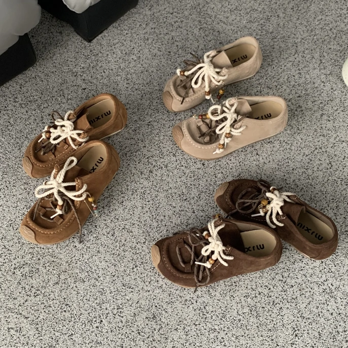 真皮韩版鞋子平底软底皮鞋圆头纯色方头豆豆鞋单鞋穆勒鞋包头系带