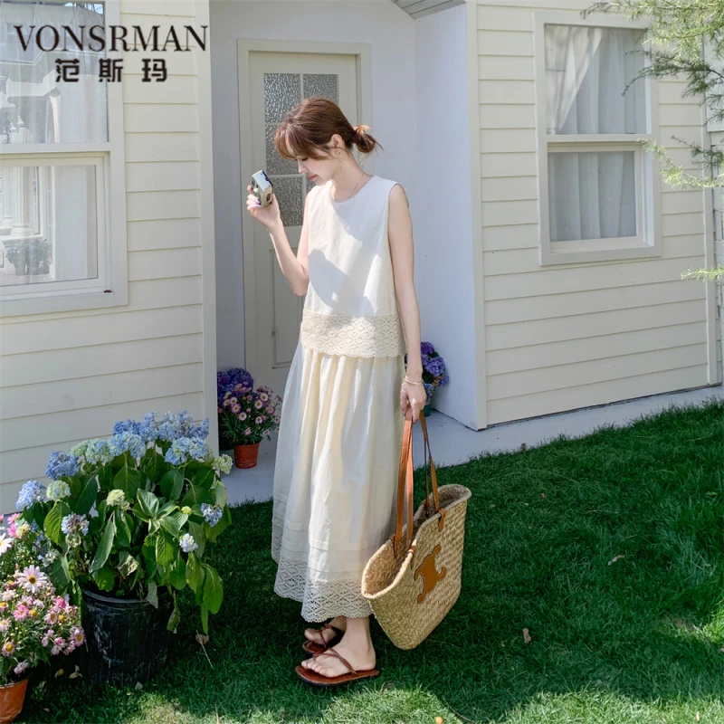 小香风米色蕾丝拼接背心半身裙套装女夏两件套独特绝美爆款高级感