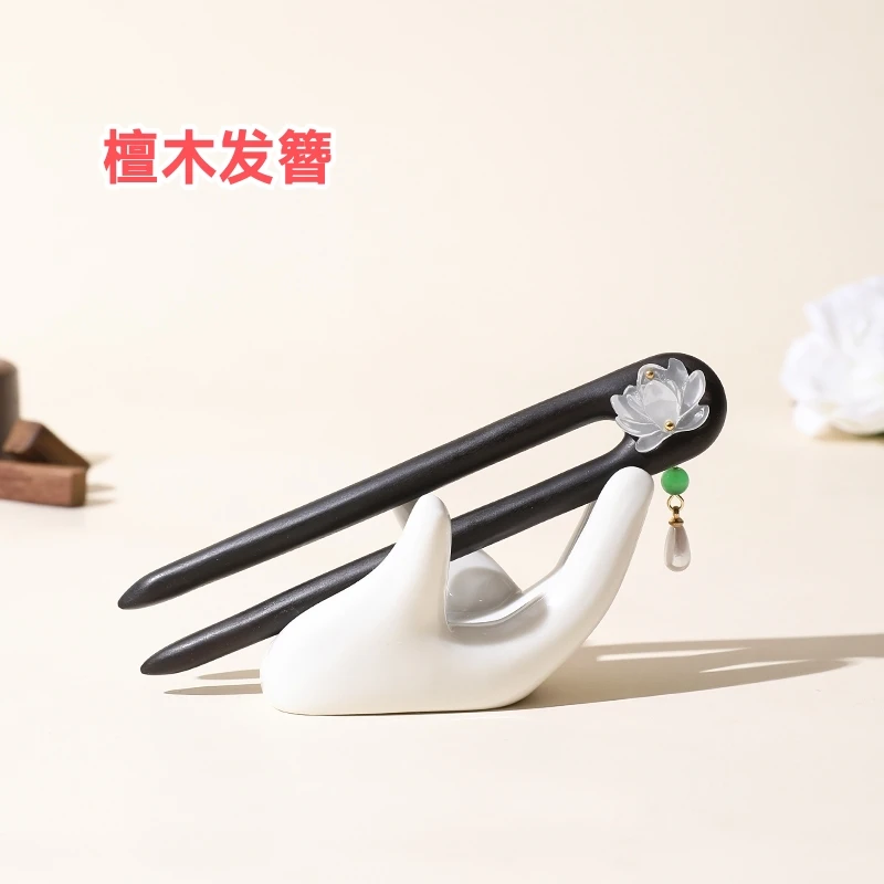 檀木双面莲花U型双钗简约日常木制发簪