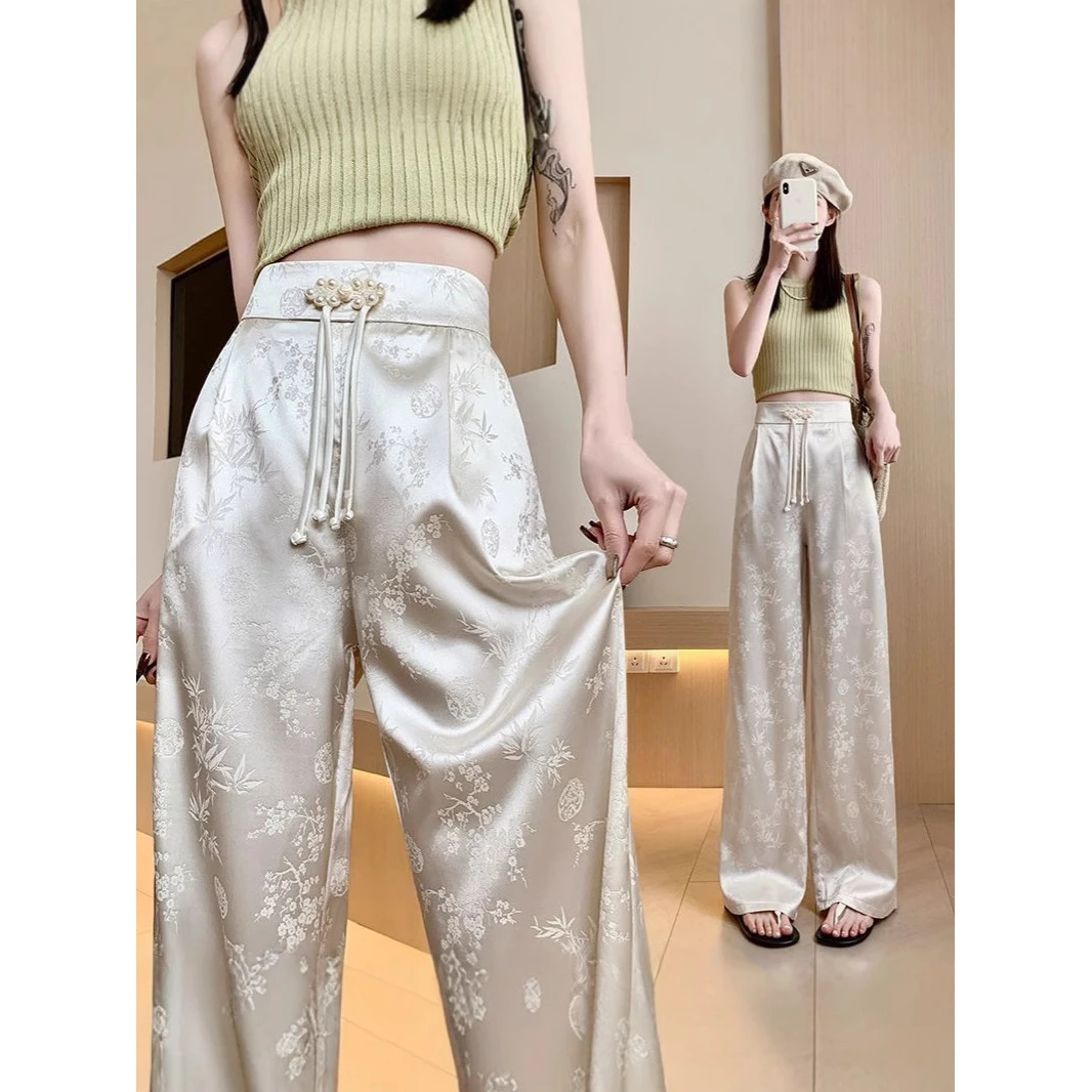 新中式国风缎面盘扣提花阔腿裤女春秋季高腰显瘦垂感休闲拖地裤子