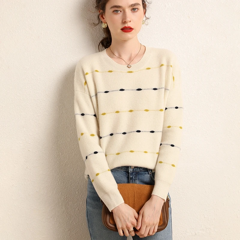 秋冬新款山羊绒三色嵌花低圆领针织打底羊绒衫