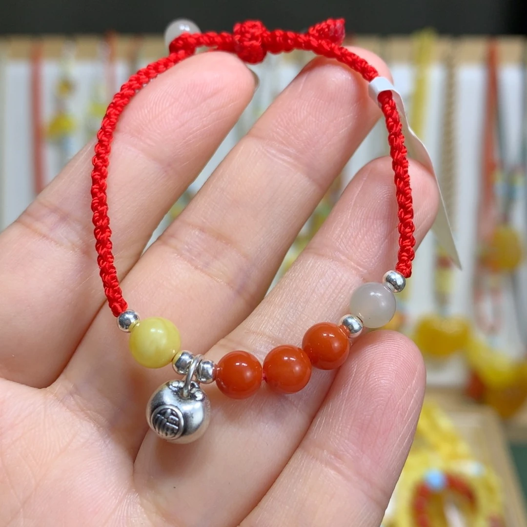 南红玛瑙手链足银镶嵌6m m