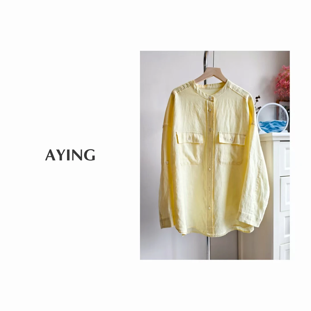 AYING  女士春夏  100雨露麻植物染圆领宽松衬衫