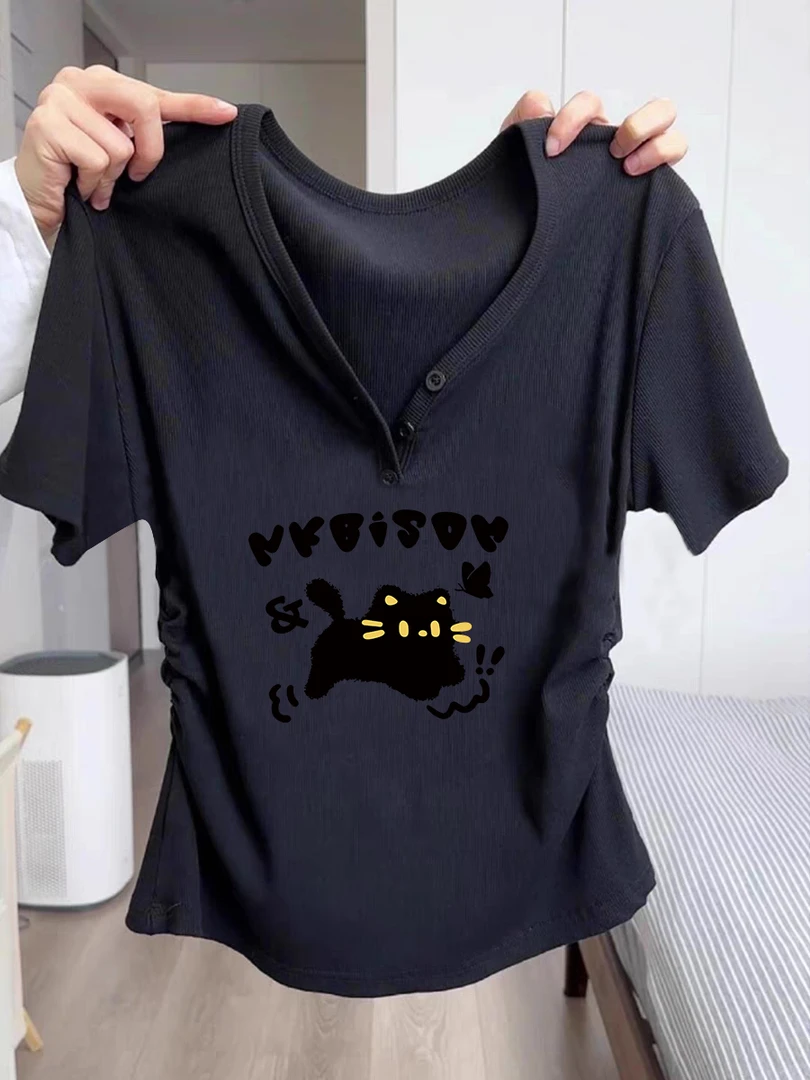t恤女短袖V领2025新款夏季印花棉半袖修身纯欲减龄紧身显瘦上衣